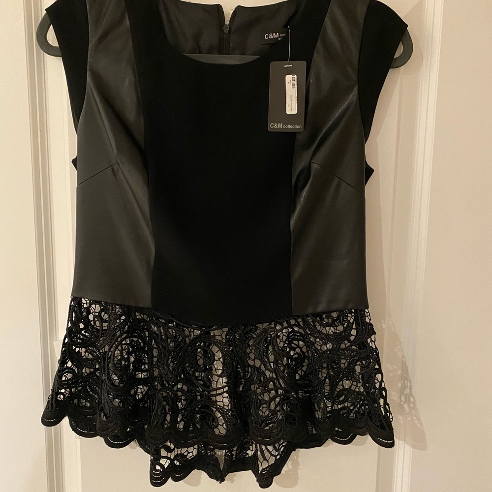 C&M faux leather and lace peplum top